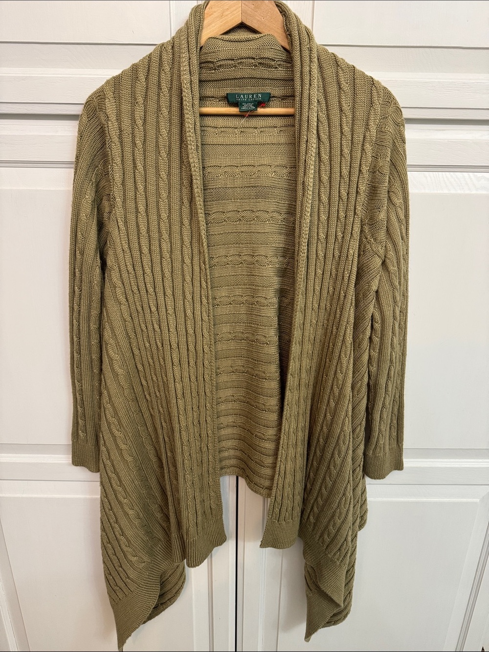 Lauren Ralph Lauren Olive Green/Tan Draped Cable-Knit Cardigan Size M/L